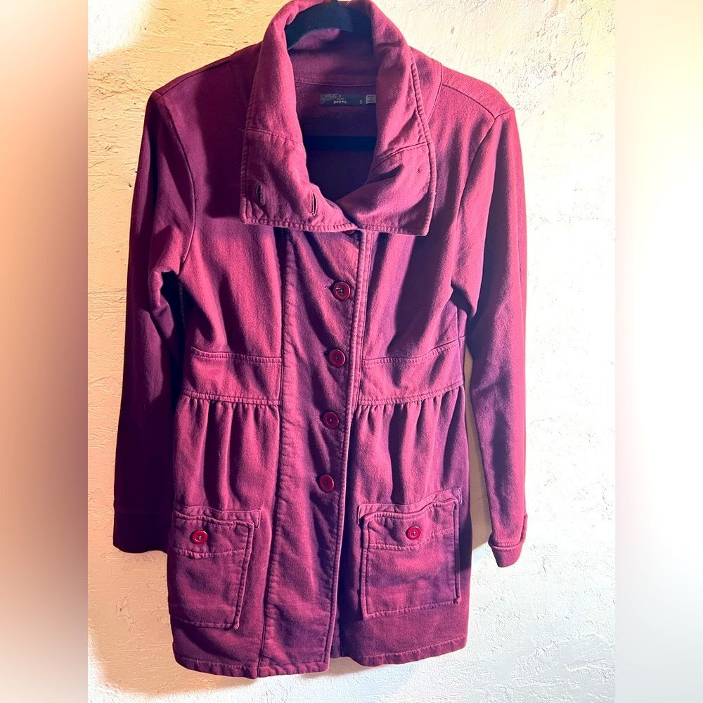 Prana Merlot Wine Utility Jacket with High Collar and defined waist pockets
